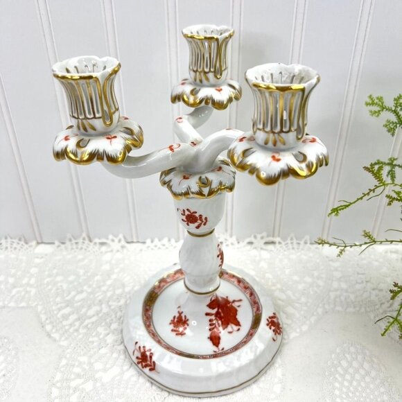 Herend Hungary Chinese Bouquet Porcelain 3-Arm Candelabra Handpainted Rust - Picture 3 of 16